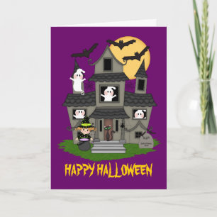 Cute Halloween haunted house and little witch Card