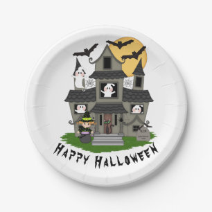 Cute Halloween haunted house and little witch Paper Plate