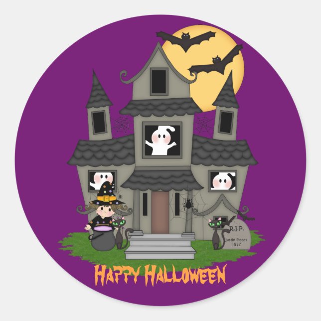Cute Halloween haunted house & little witch Classic Round Sticker (Front)