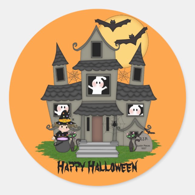 Cute Halloween haunted house & little witch Classic Round Sticker (Front)