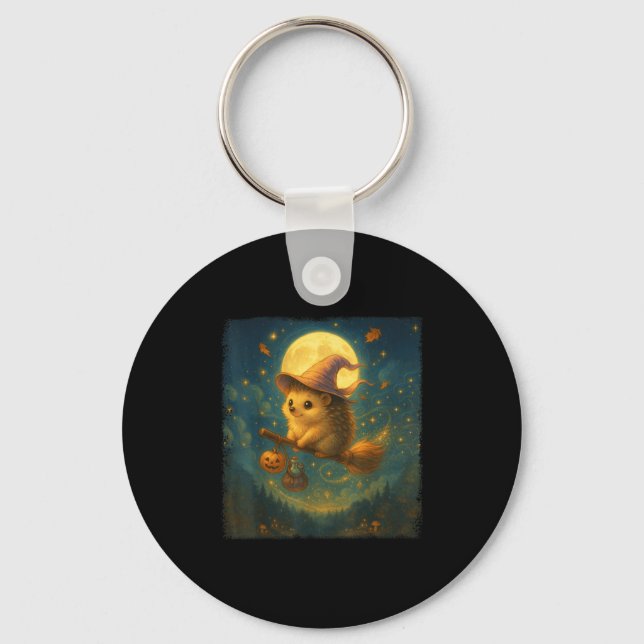 Cute Halloween Hedgehog Broom Ride With Tion And P Keychain (Front)
