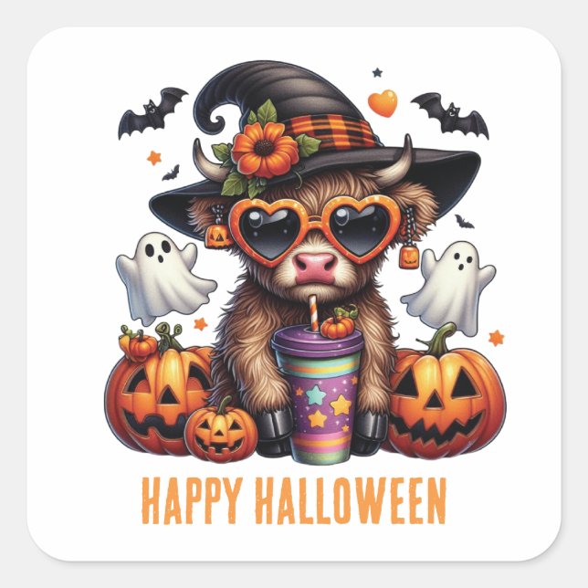 Cute Halloween Highland Cow Coffee Personalized Square Sticker (Front)
