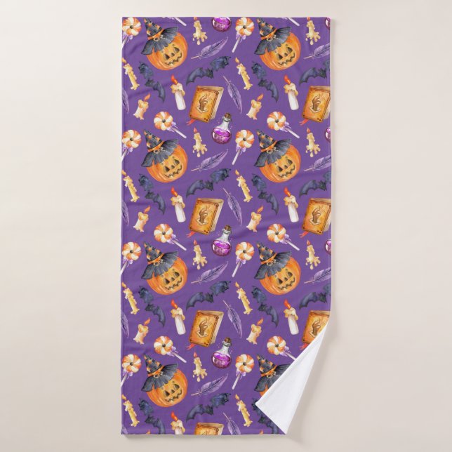Cute Halloween illustration with pumpkin and bats Bath Towel (Bath Towel)