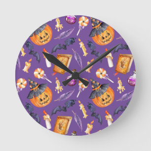 Cute Halloween illustration with pumpkin and bats  Round Clock