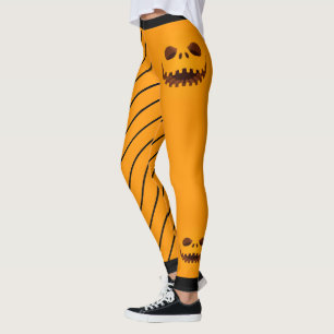 Cute Halloween Jack-O-Lantern Faces and Stripes Leggings