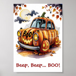 Cute Halloween Jack O Lantern Pumpkin Car Spooky Poster