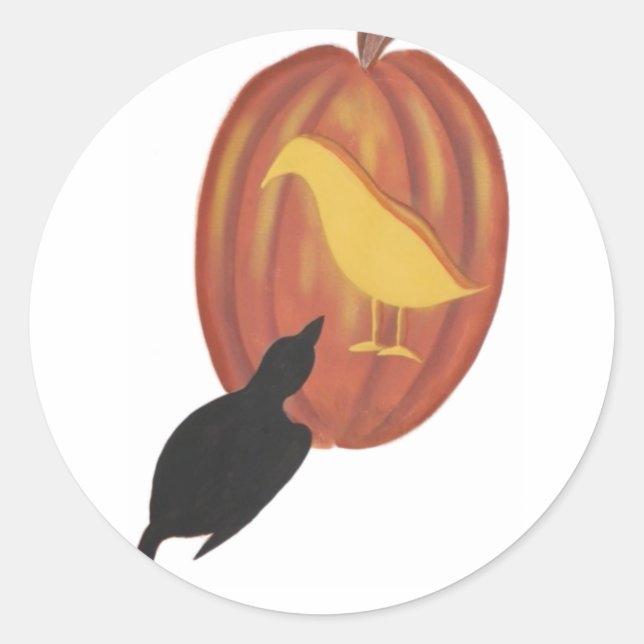 Cute Halloween Jack O'Lantern and Crow Classic Round Sticker (Front)