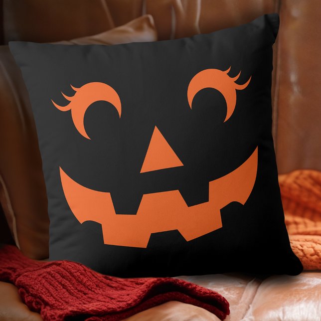 Cute Halloween Jack O'Lantern Pumpkin Face Black Throw Pillow (Creator Uploaded)