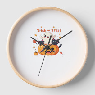 Cute Halloween - Kawaii Ghost and Black Cats Class Clock