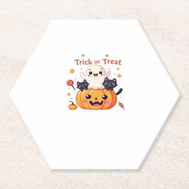 Cute Halloween - Kawaii Ghost and Black Cats Class Paper Coaster (Front)