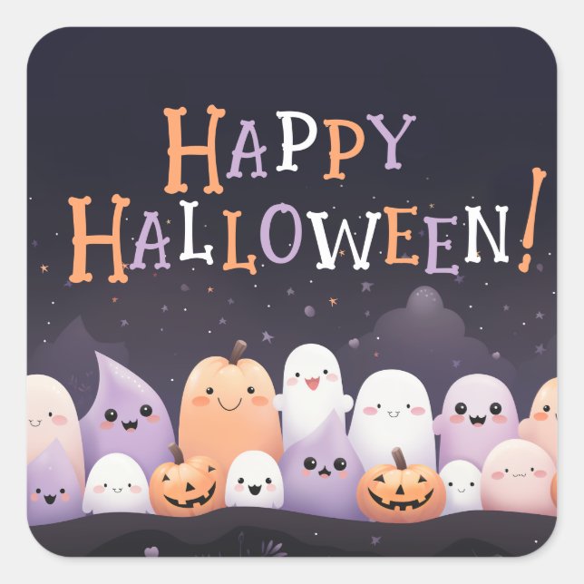 Cute Halloween Kawaii Ghost Square Sticker (Front)