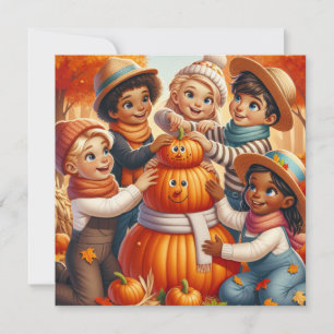 Cute Halloween Kids Make Pumpkin Snowman Holiday Card