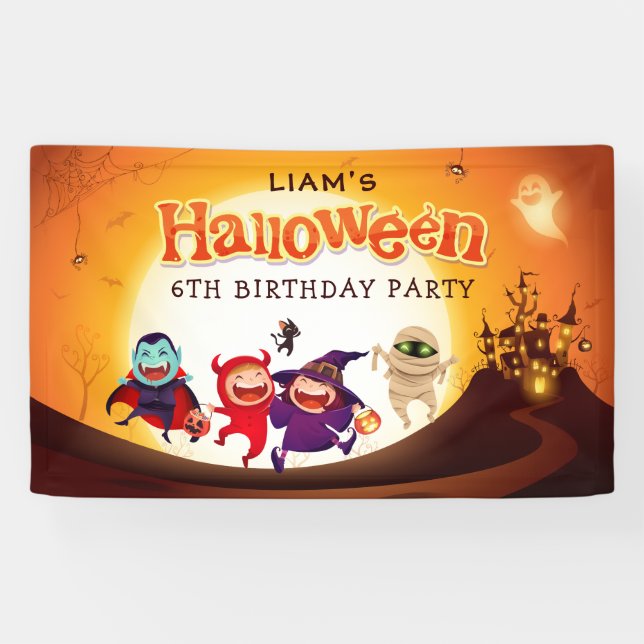 Cute Halloween Kids Orange Birthday Party Banner (Horizontal)