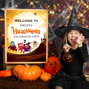 Cute Halloween Kids Orange Birthday Party Welcome Poster