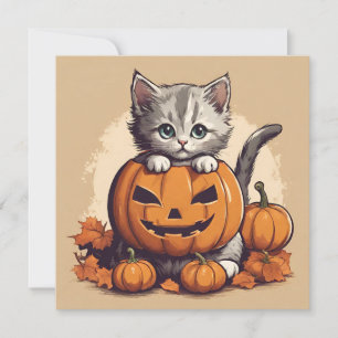 Cute Halloween Kitten and Jack-O'-Lantern Card