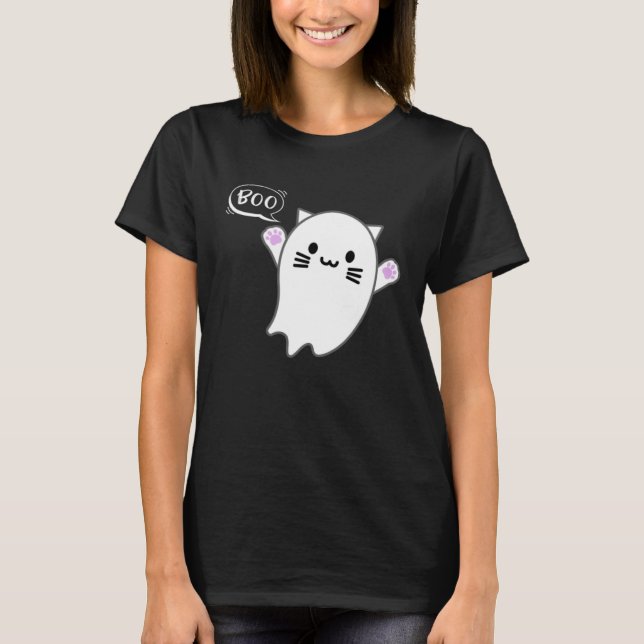 Cute Halloween Kitten Cat Flying Ghost Boo Costume T-Shirt (Front)