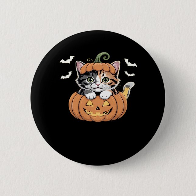 Cute Halloween Kitten in a Pumpkin Classic T-Shirt 2 Inch Round Button (Front)