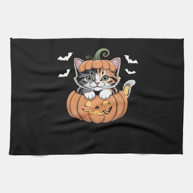 Cute Halloween Kitten in a Pumpkin Classic T-Shirt Kitchen Towel (Horizontal)