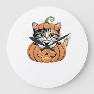 Cute Halloween Kitten in a Pumpkin Classic T-Shirt Large Clock