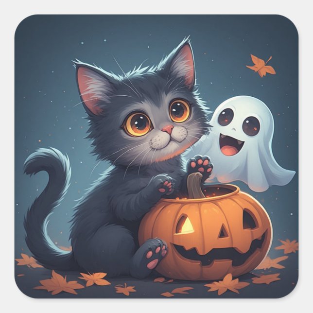 Cute Halloween Kitten With Ghost And Pumpkin 🎃 Square Sticker (Front)