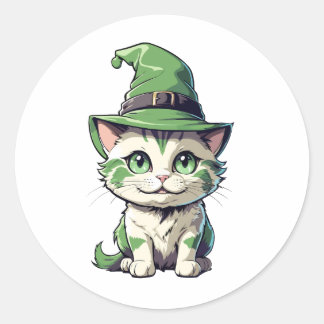 Cute Halloween Kitten with green hat Classic Round Sticker