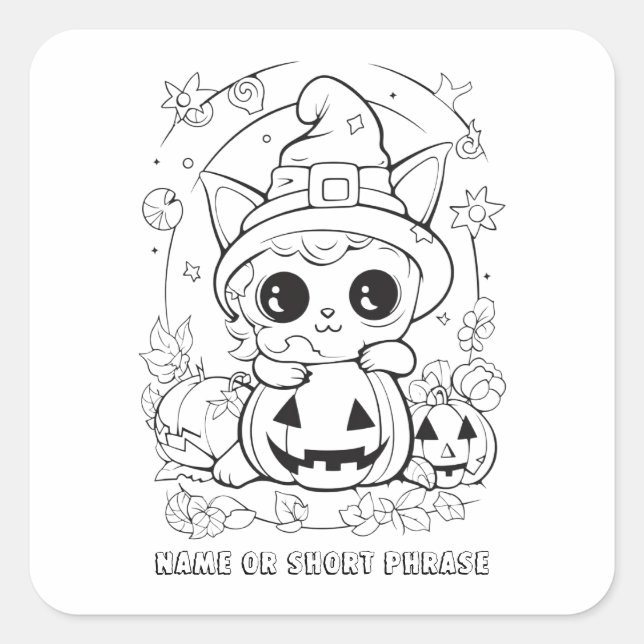 Cute Halloween Kitty Colour Your Own  Square Sticker (Front)