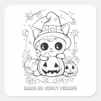 Cute Halloween Kitty Colour Your Own Square Sticker