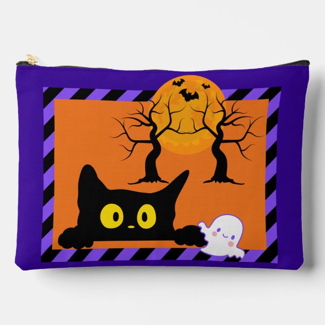 Cute Halloween Kitty & Ghost Purple and Orange Accessory Pouch (Front)