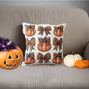 Cute Halloween Leopart Bow Pumpkin Coquette Throw Pillow