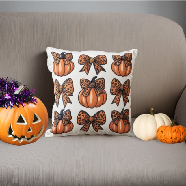 Cute Halloween Leopart Bow Pumpkin Coquette Throw Pillow (Cute Halloween Leopart Bow Pumpkin Coquette Throw Pillow)
