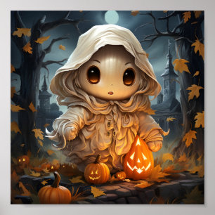 Cute Halloween Little Ghost With Orange Pumpkins Poster