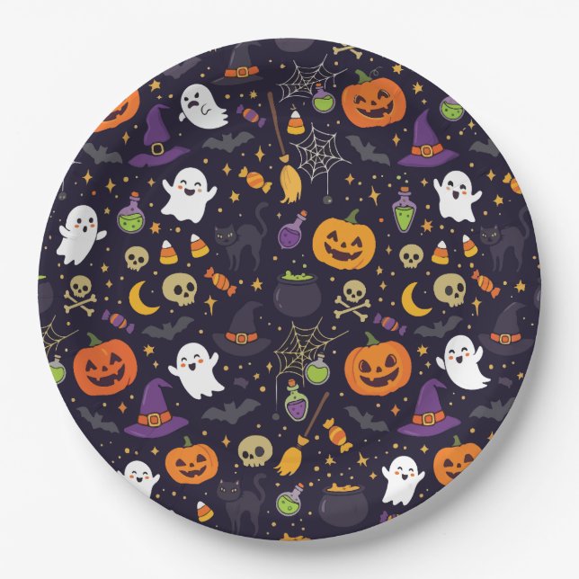 Cute Halloween Magic Night Pattern Ghost Witch Cat Paper Plate (Front)