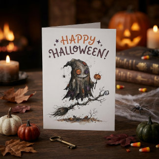 Cute Halloween Monster on Broomstick Card