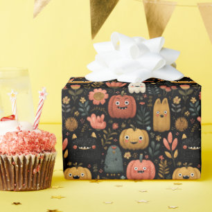 Cute Halloween Monsters and Pumpkins Pattern Wrapping Paper