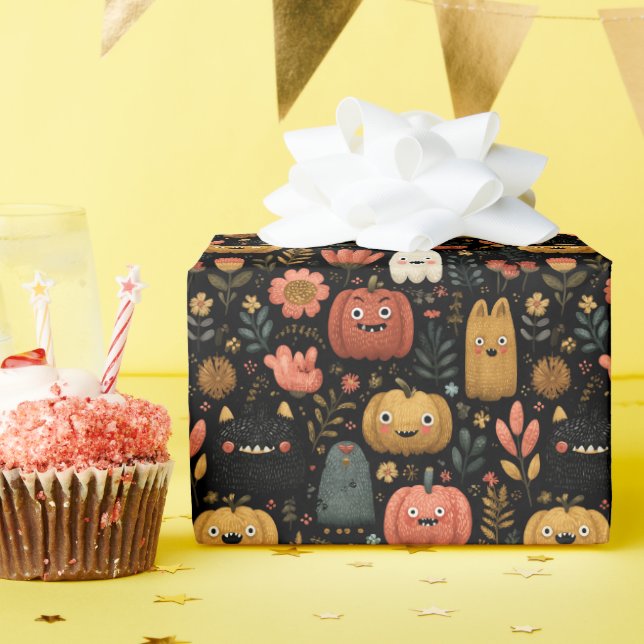 Cute Halloween Monsters and Pumpkins Pattern Wrapping Paper (Birthday Party)