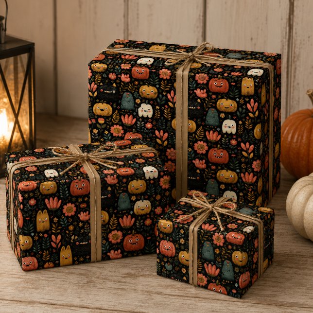 Cute Halloween Monsters and Pumpkins Pattern Wrapping Paper Sheet (Creator Uploaded)