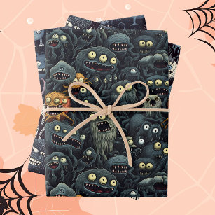 Cute Halloween Monsters in Dark moody Greys  Wrapping Paper Sheet