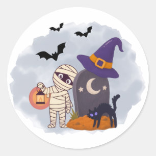 Cute Halloween Mummy and Black Cat Witch Illustrat Classic Round Sticker