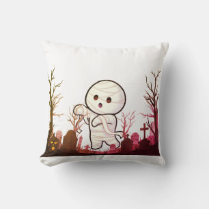 Cute Halloween Mummy in Spooky Graveyard – Funny & Throw Pillow