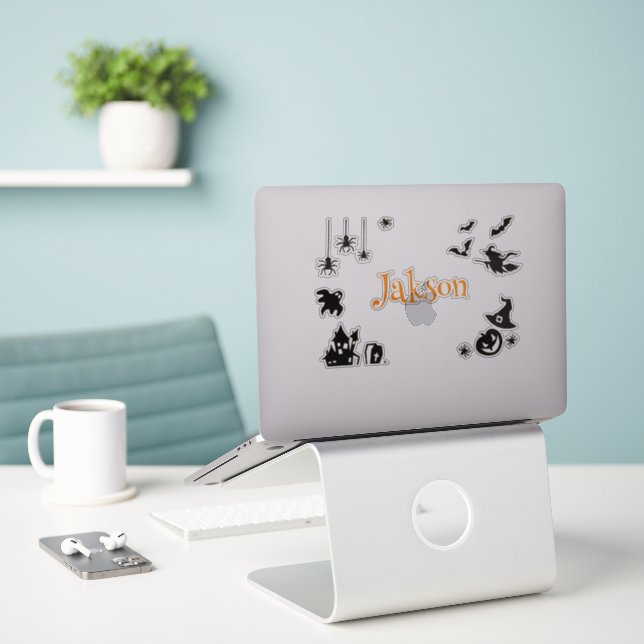 Cute Halloween Name Sticker – Personalized Spooky  (Laptop On Desk)