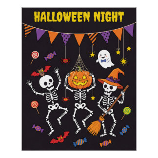 Cute Halloween Night Dancing Skeletons Poster