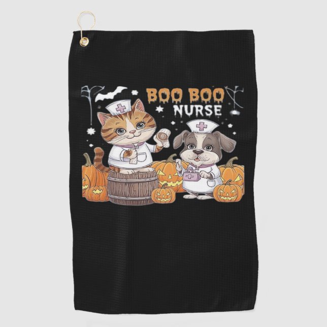 Cute Halloween Nurse Cat and Dog with Pumpkins Cla Golf Towel (Front)