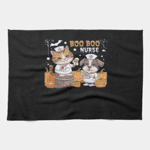 Cute Halloween Nurse Cat and Dog with Pumpkins Cla Kitchen Towel