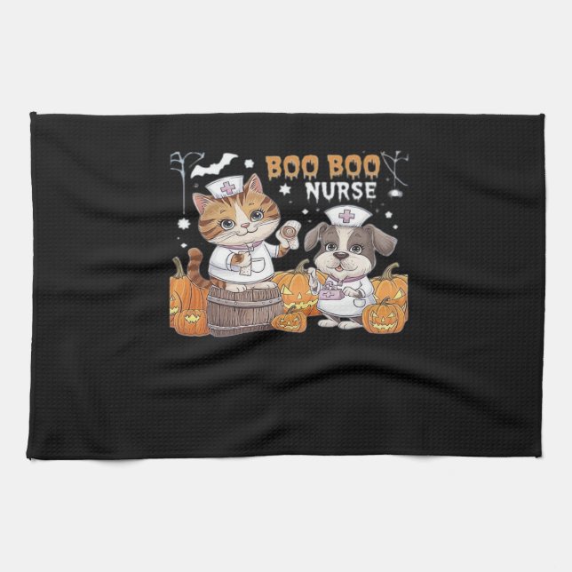 Cute Halloween Nurse Cat and Dog with Pumpkins Cla Kitchen Towel (Horizontal)
