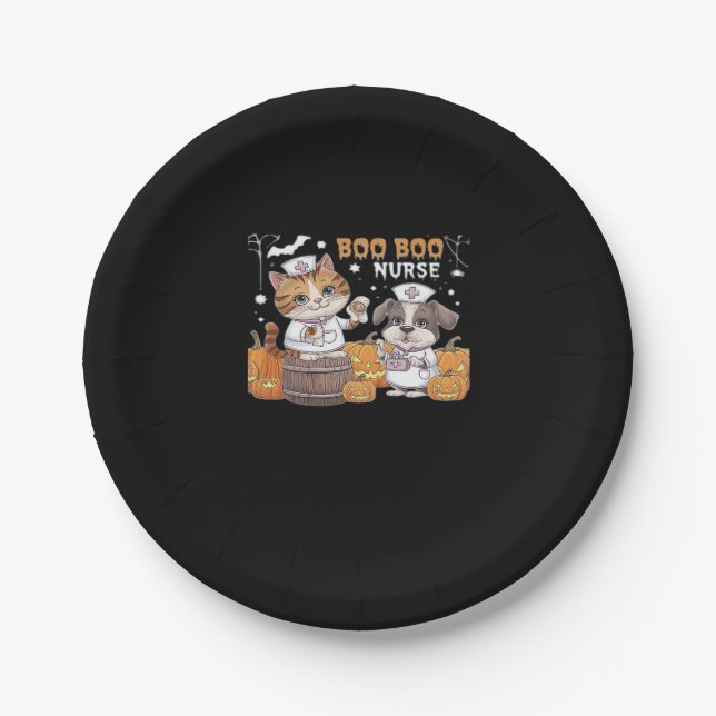 Cute Halloween Nurse Cat and Dog with Pumpkins Cla Paper Plate (Front)