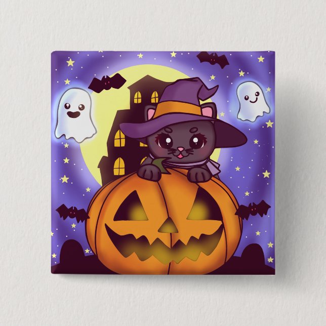 Cute Halloween October Witch Cat 2 Inch Square Button (Front)