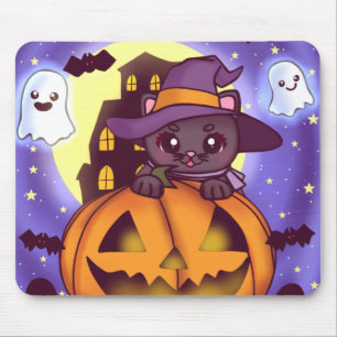Cute Halloween October Witch Cat Mouse Pad