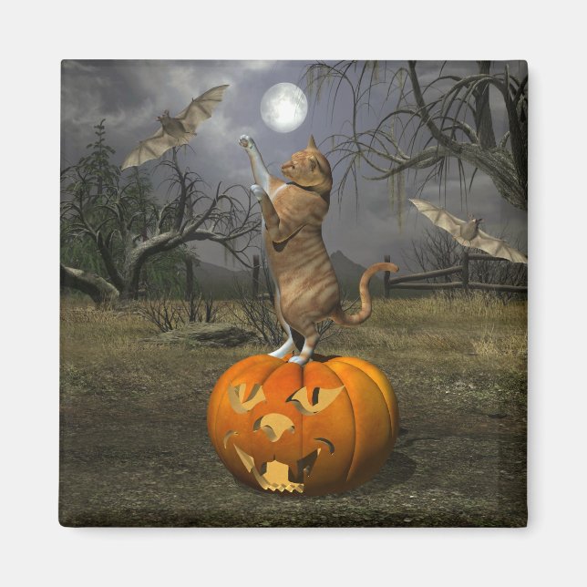 Cute Halloween Orange Cat Batting Bats Magnet (Front)