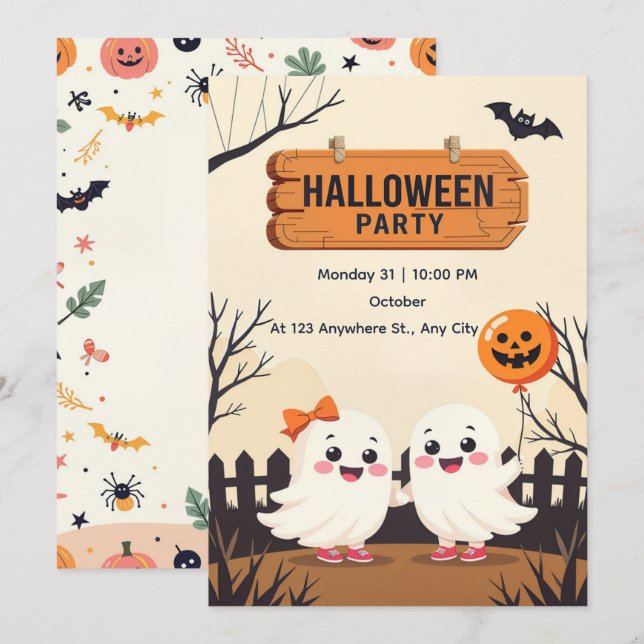 Cute Halloween Party Invitation - Fantômes amicaux (Devant / Derrière)