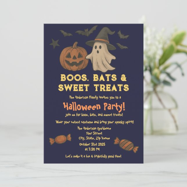 Cute Halloween – Pastel Pumpkin & Candy Party  Invitation (Standing Front)
